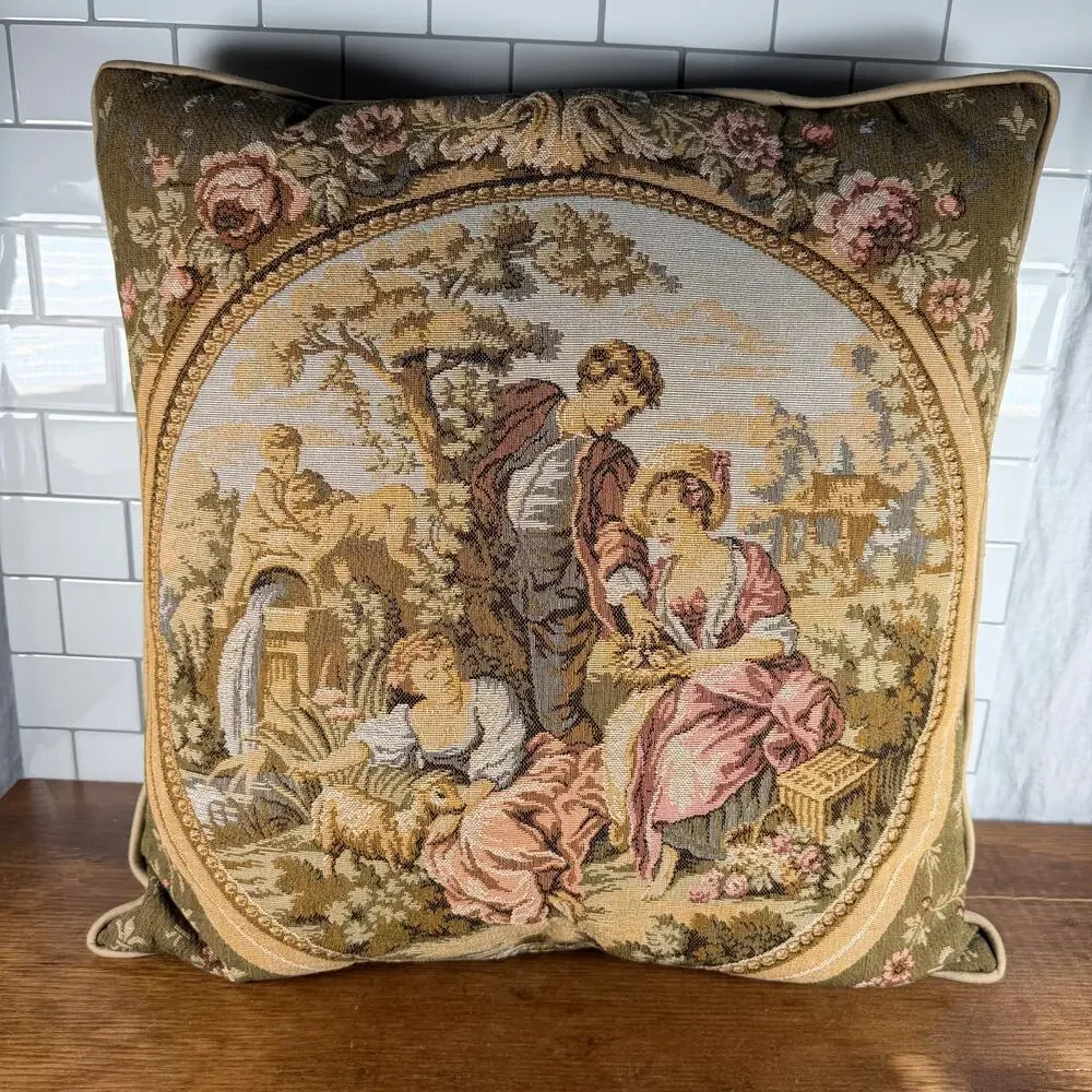 Vintage French Country Tapestry Courting Scene Throw Pillow 17x17